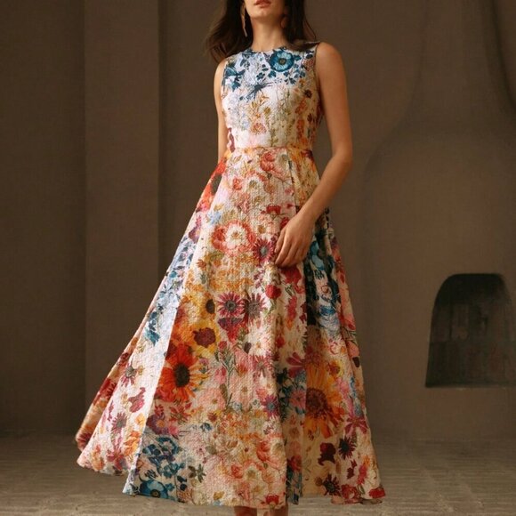 Multicolor Boho Women's Round Neck Floral Waist Fitted A-Line Dress - Picture 5 of 6